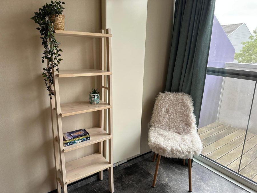 Wooden ladder shelf with a plant and a sheepskin chair by the terrace window